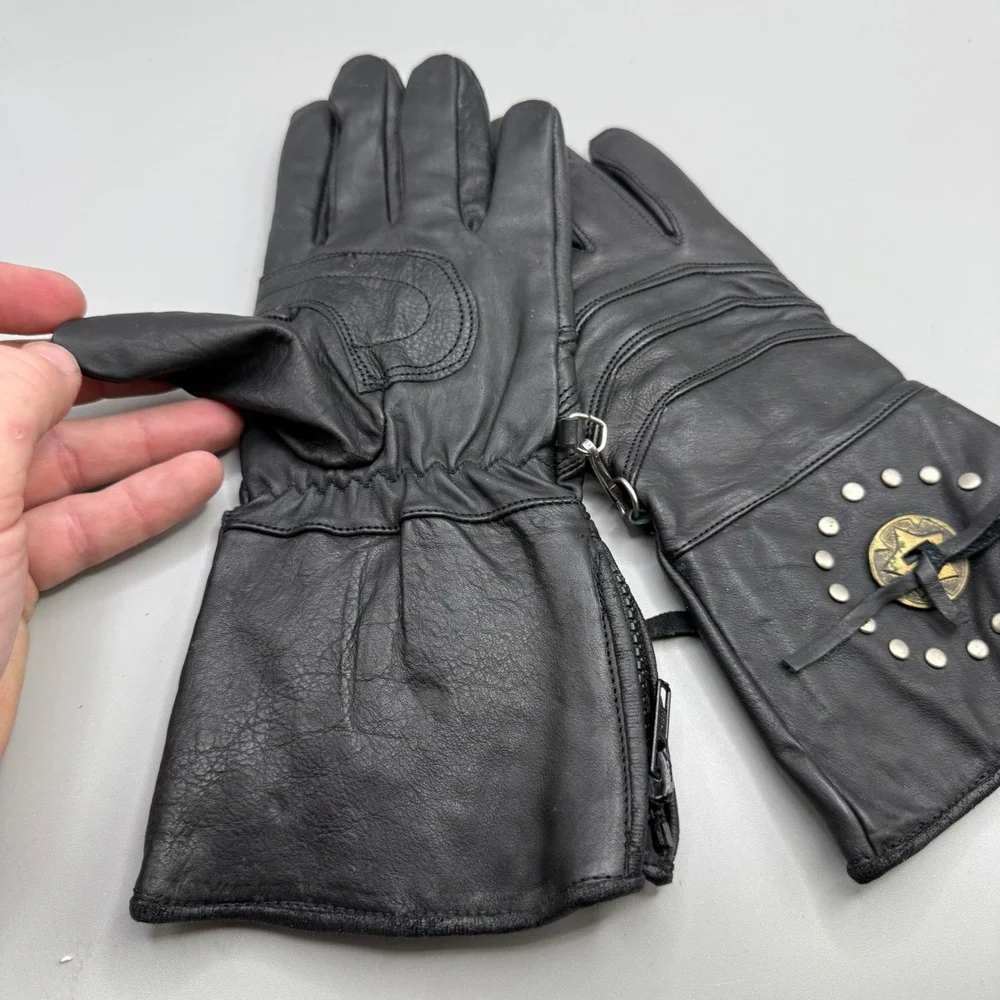Vintage Studded Leather Motorcycle Gauntlet Gloves Womens XS Black Riding Gear